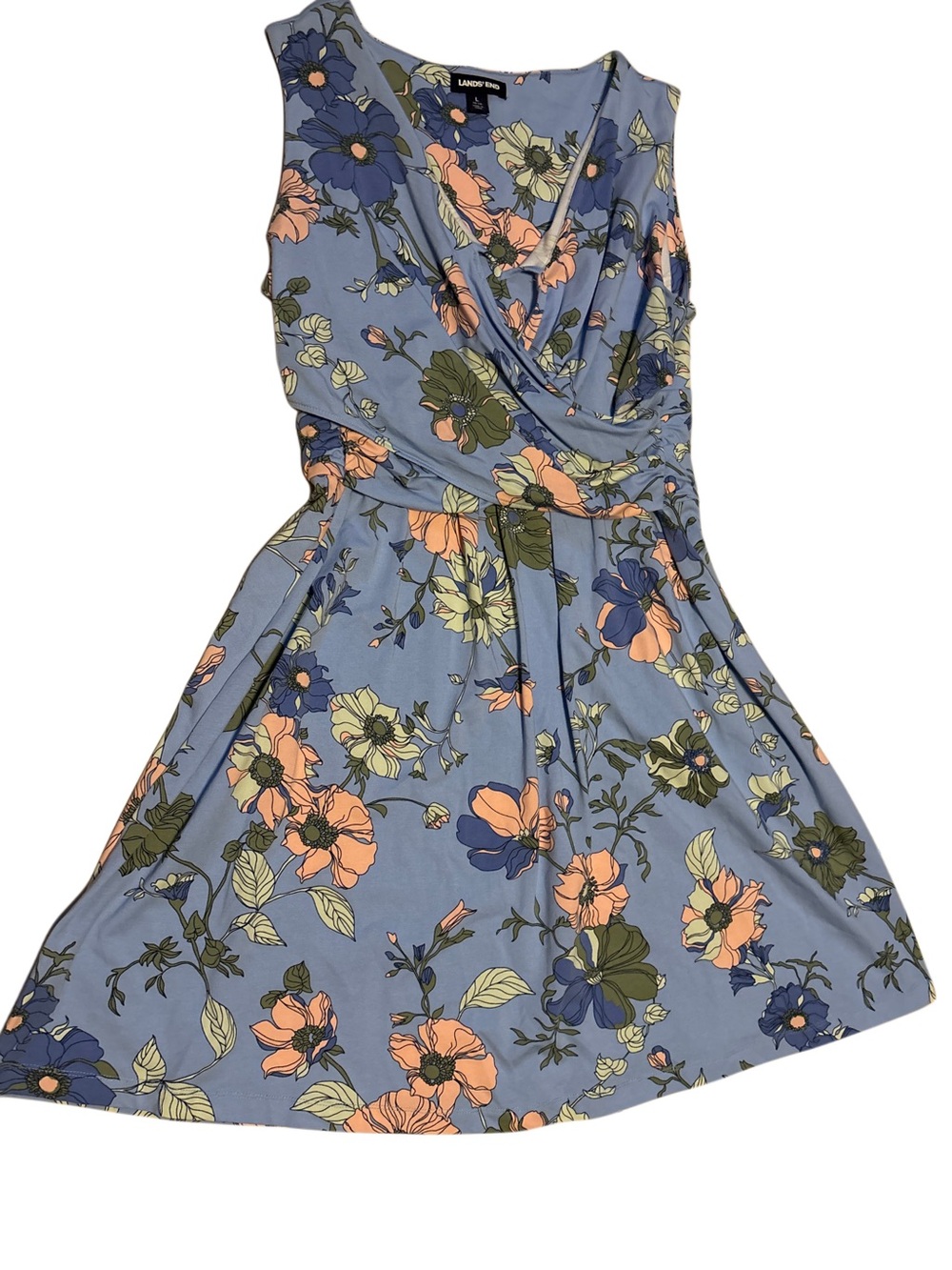 Lands' End Blue Floral Sleeveless Wrap-Style Dress